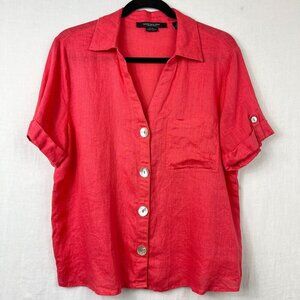 Andrew Marc 100% Linen Short Sleeve Blouse Womens M Lagenlook Beach Mature Pink